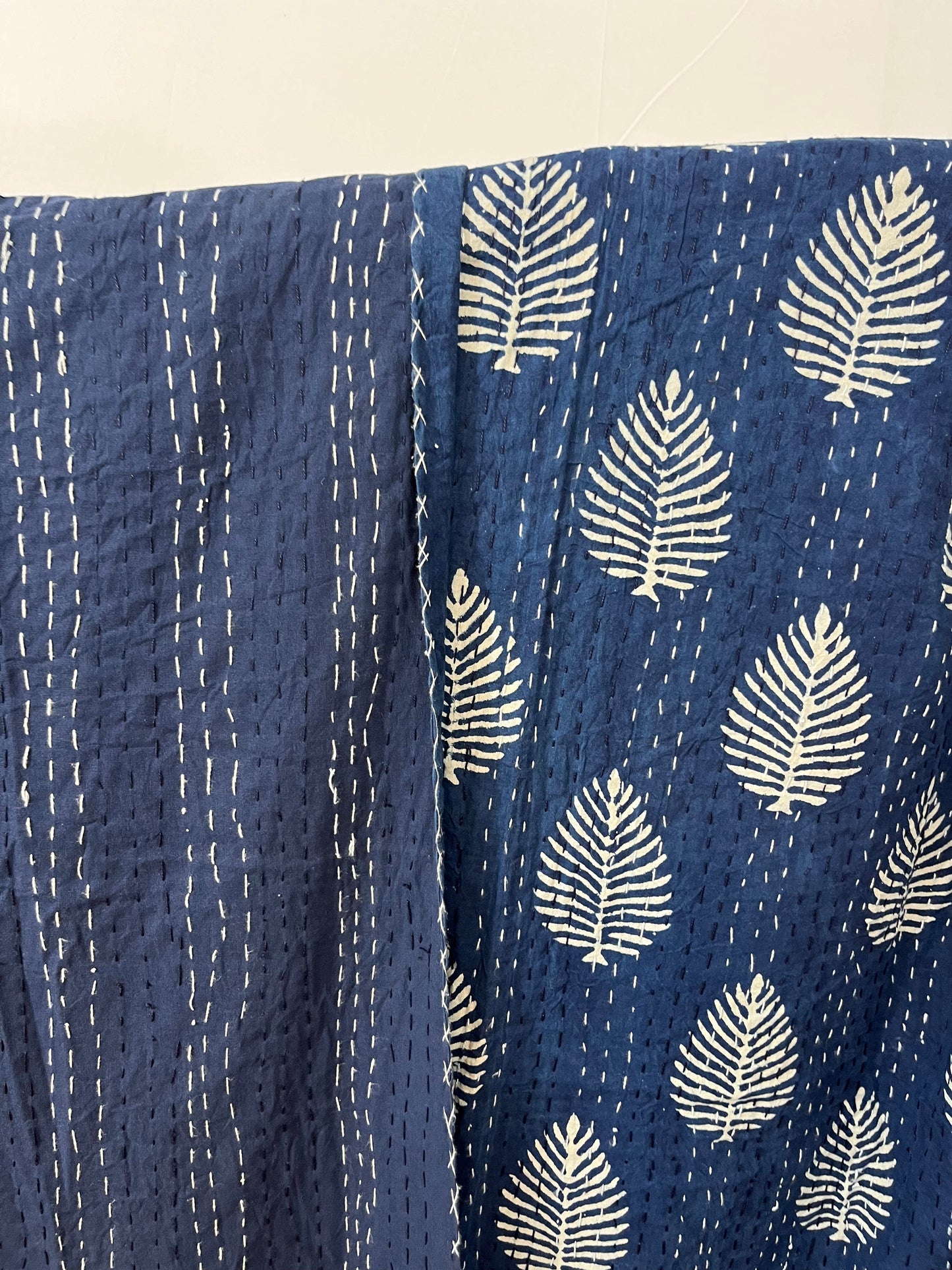 Kantha Love - Indigo Leaves Block Print Cotton Kantha Quilt
