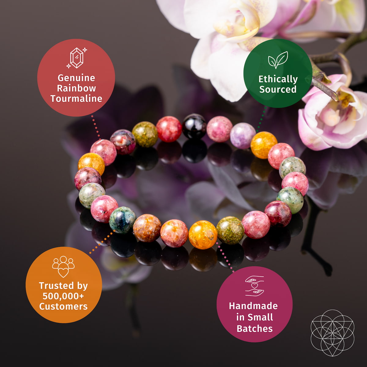 Colorful beaded bracelet on a reflective surface with floral decorations and certification badges.