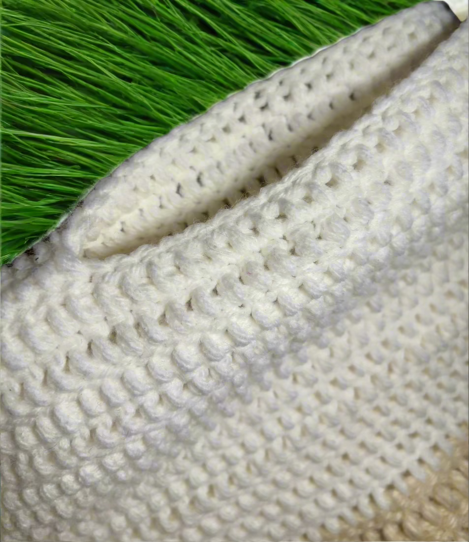 A color-block sweater laying flat. the neckline begins with white, then turns to beige, then brown on the body of the sweater. The sleeves descend from brown to beige to white.