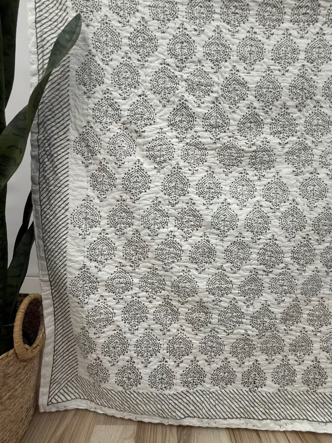 Kantha Love - Midnight Spades Block Print Cotton Kantha Quilt