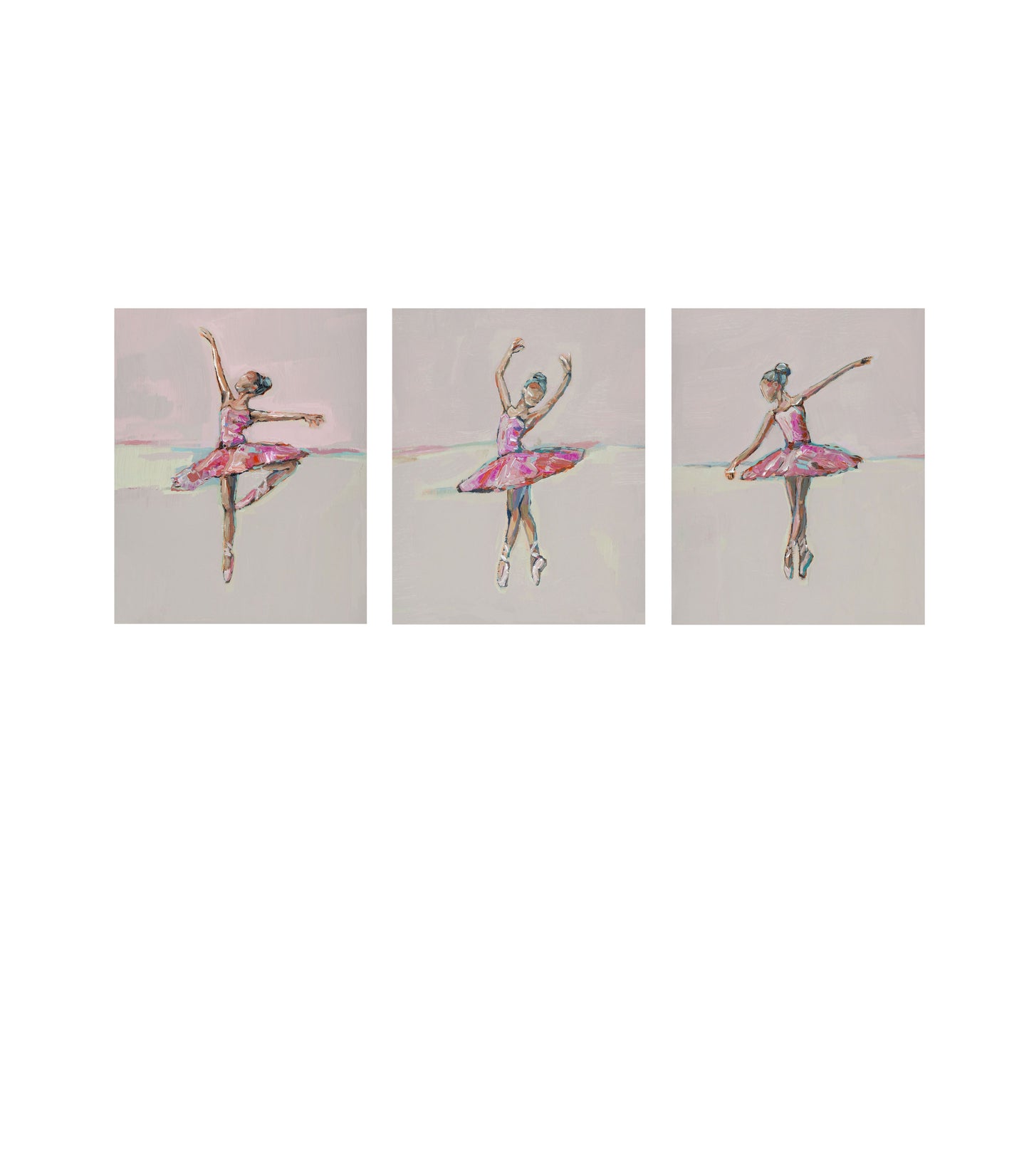 A three-panel wall art set featuring painted ballerinas in pink tutus on a soft neutral background.