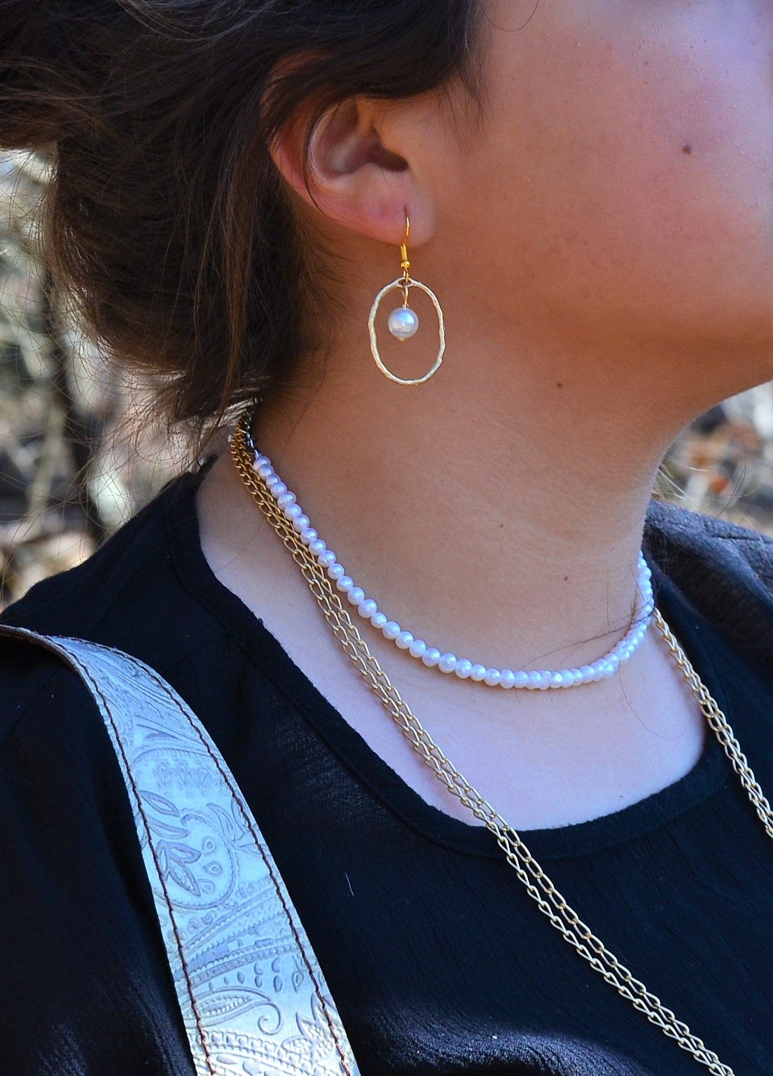 Matte Gold Hoop Earrings with Pearl Dangle