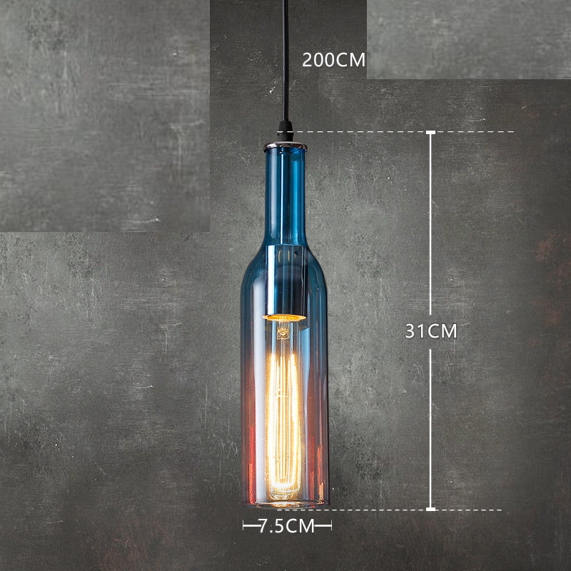 Bottle-shaped pendant light with measurements on a gray background
