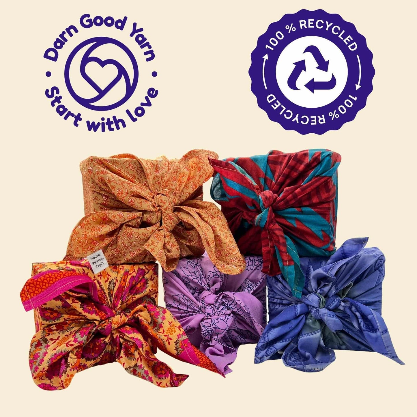 Colorful yarn bundles with 'Darn Good Yarn' and recycled yarn logos on a beige background