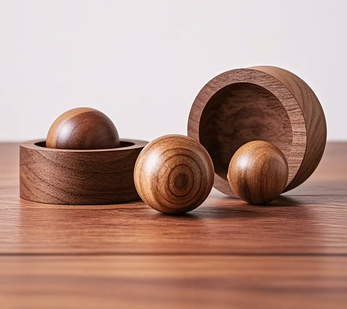 Set of wooden bowls and spheres on a wooden surface with a light background