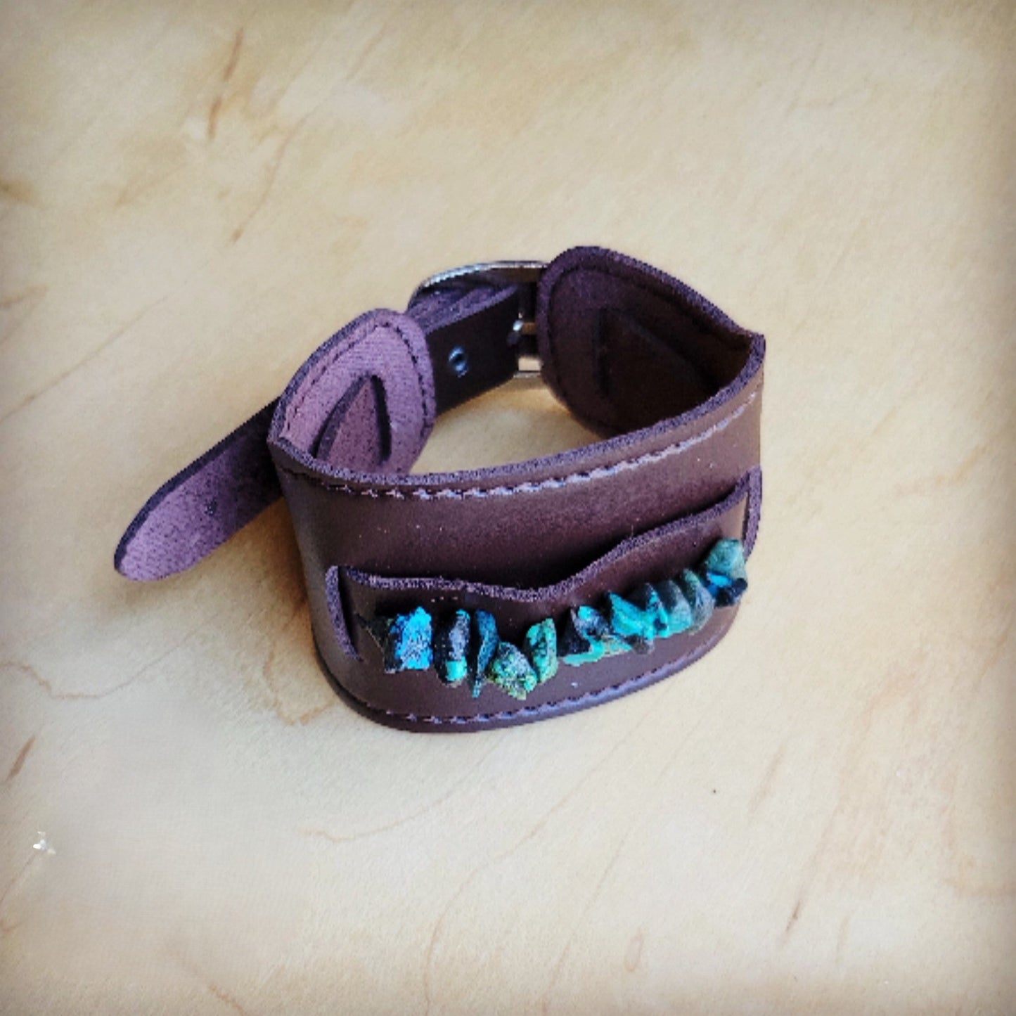 Wide Dark Leather Cuff with Natural Turquoise Chunks