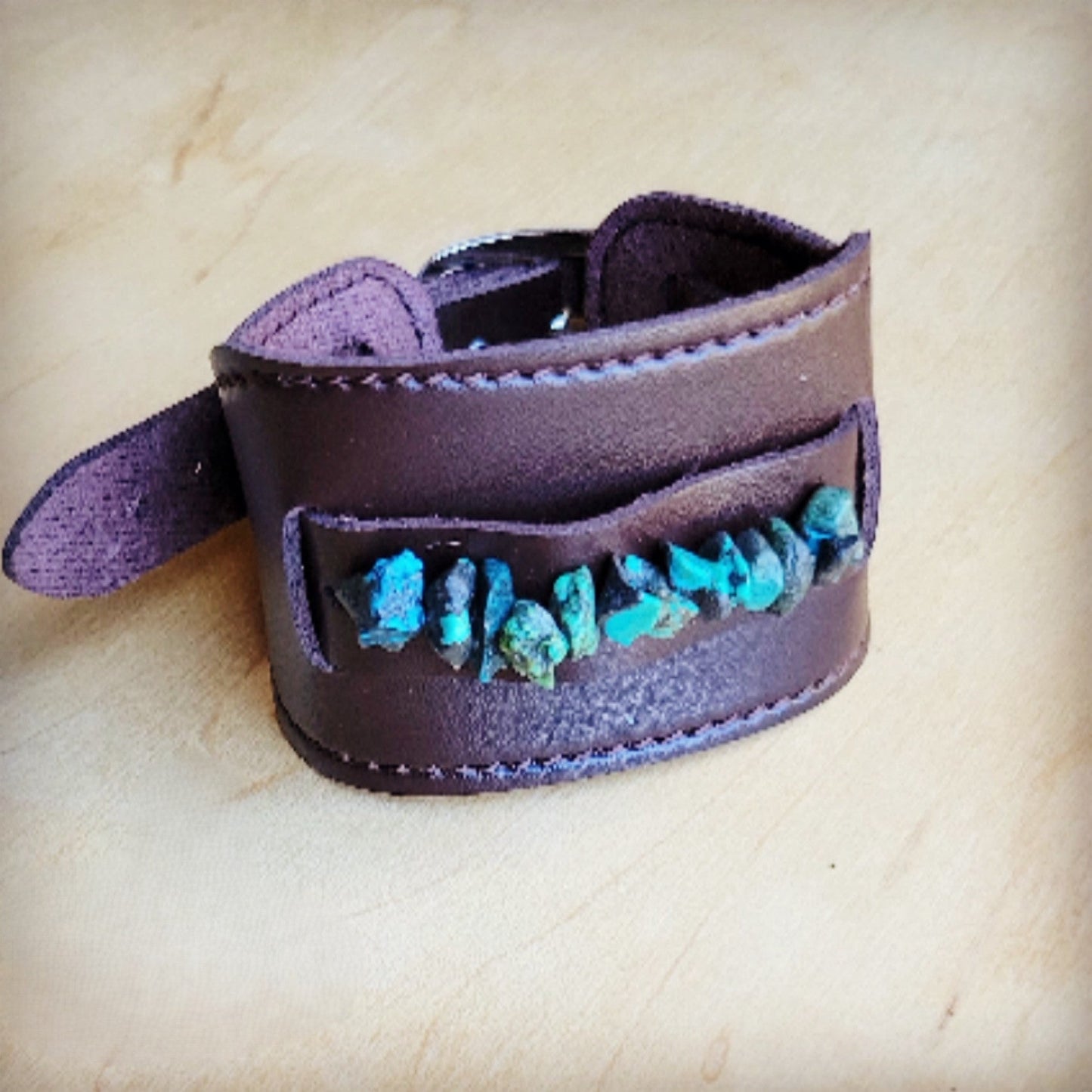Wide Dark Leather Cuff with Natural Turquoise Chunks