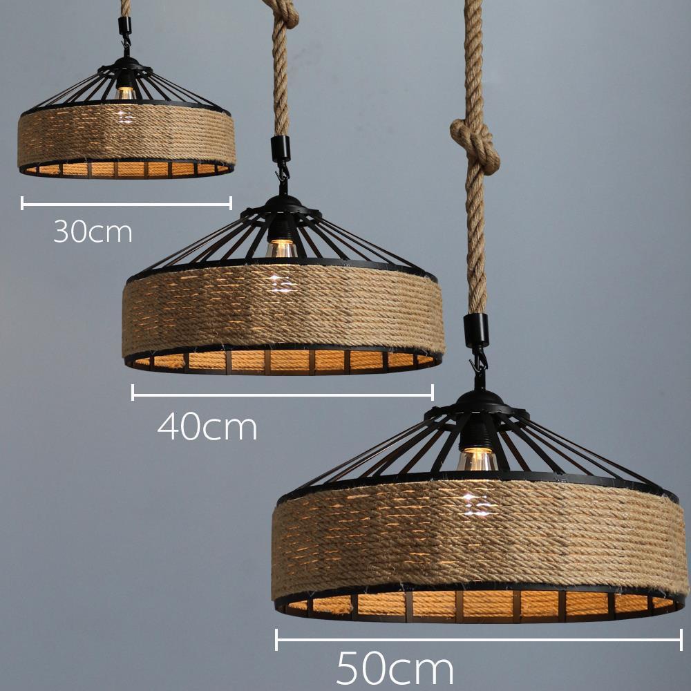 American Country Hemp Rope Round Wrought Iron LED Chandelier