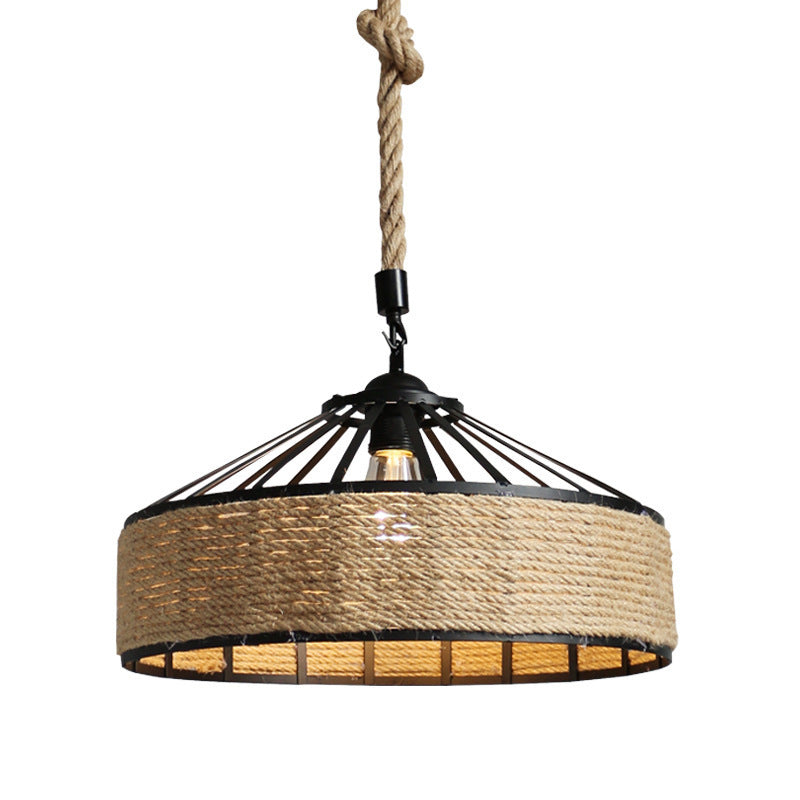 American Country Hemp Rope Round Wrought Iron LED Chandelier