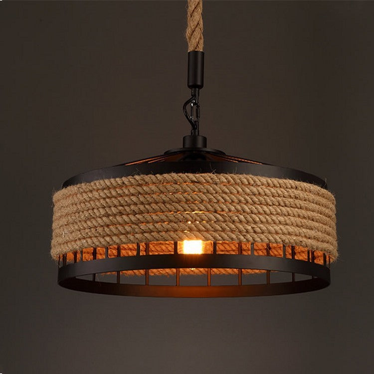 Pendant light with rope design on a dark background