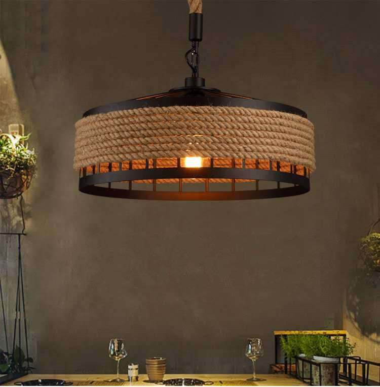 American Country Hemp Rope Round Wrought Iron LED Chandelier