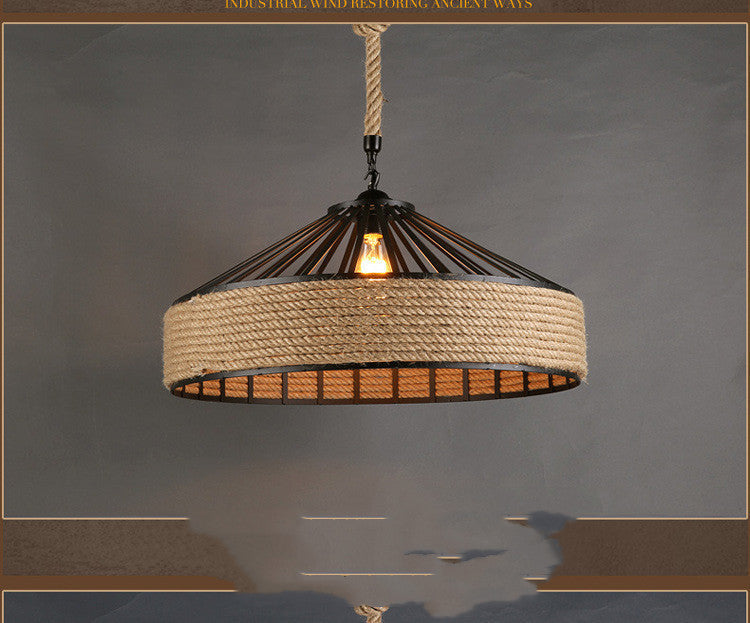 American Country Hemp Rope Round Wrought Iron LED Chandelier