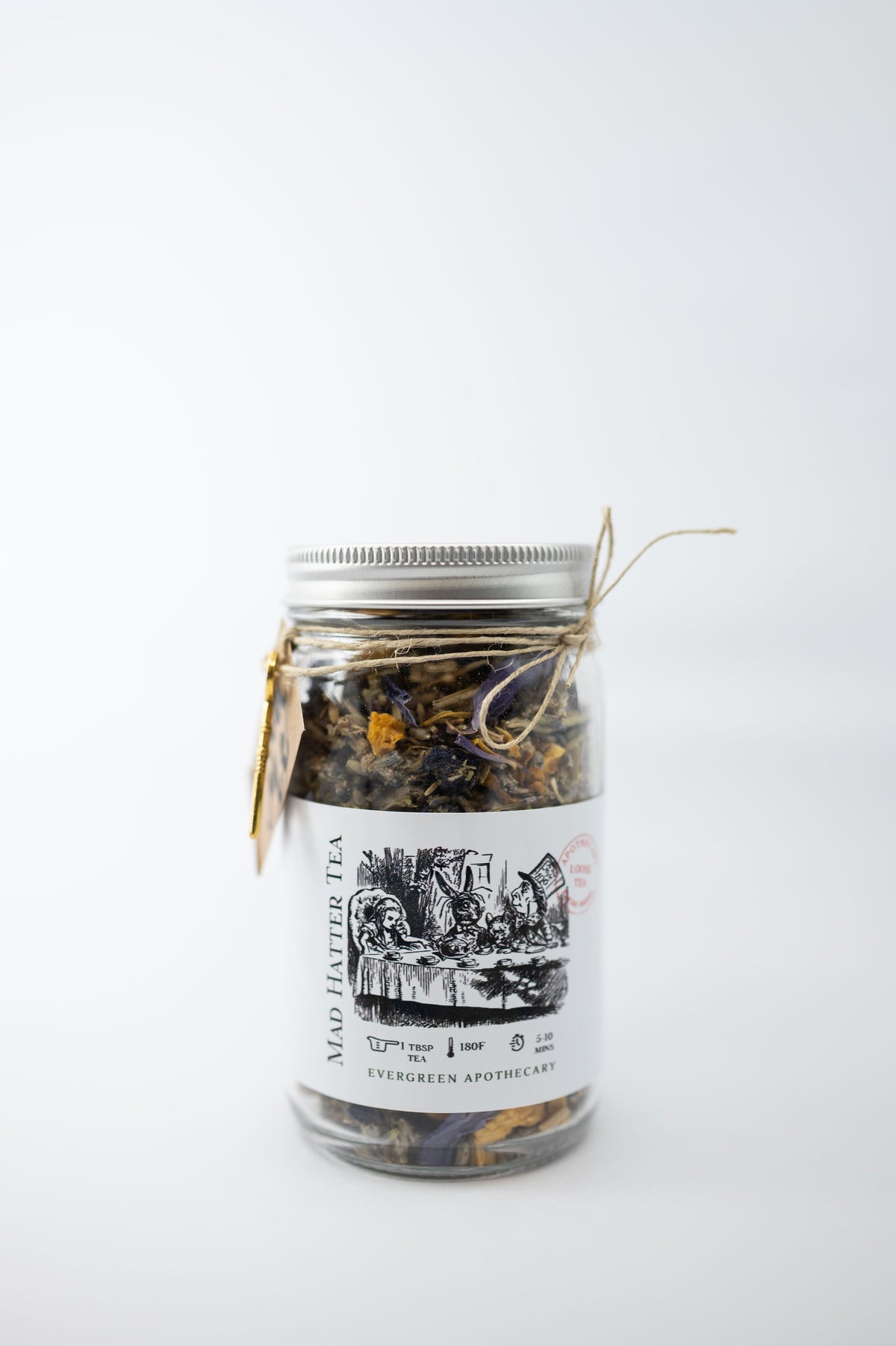 Jar of tea with a label on a white background