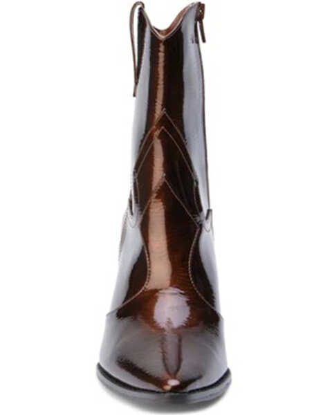 Brown patent leather boot on a white background