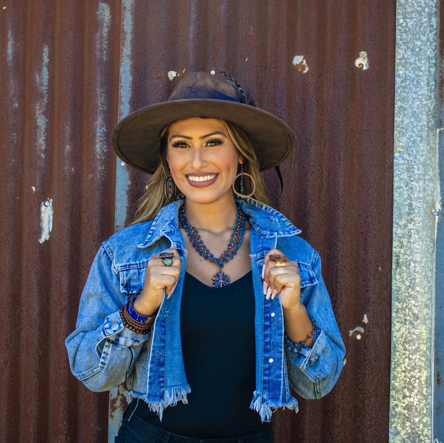 Western Copper Hoop Earrings w/ Blue Lapis Beads