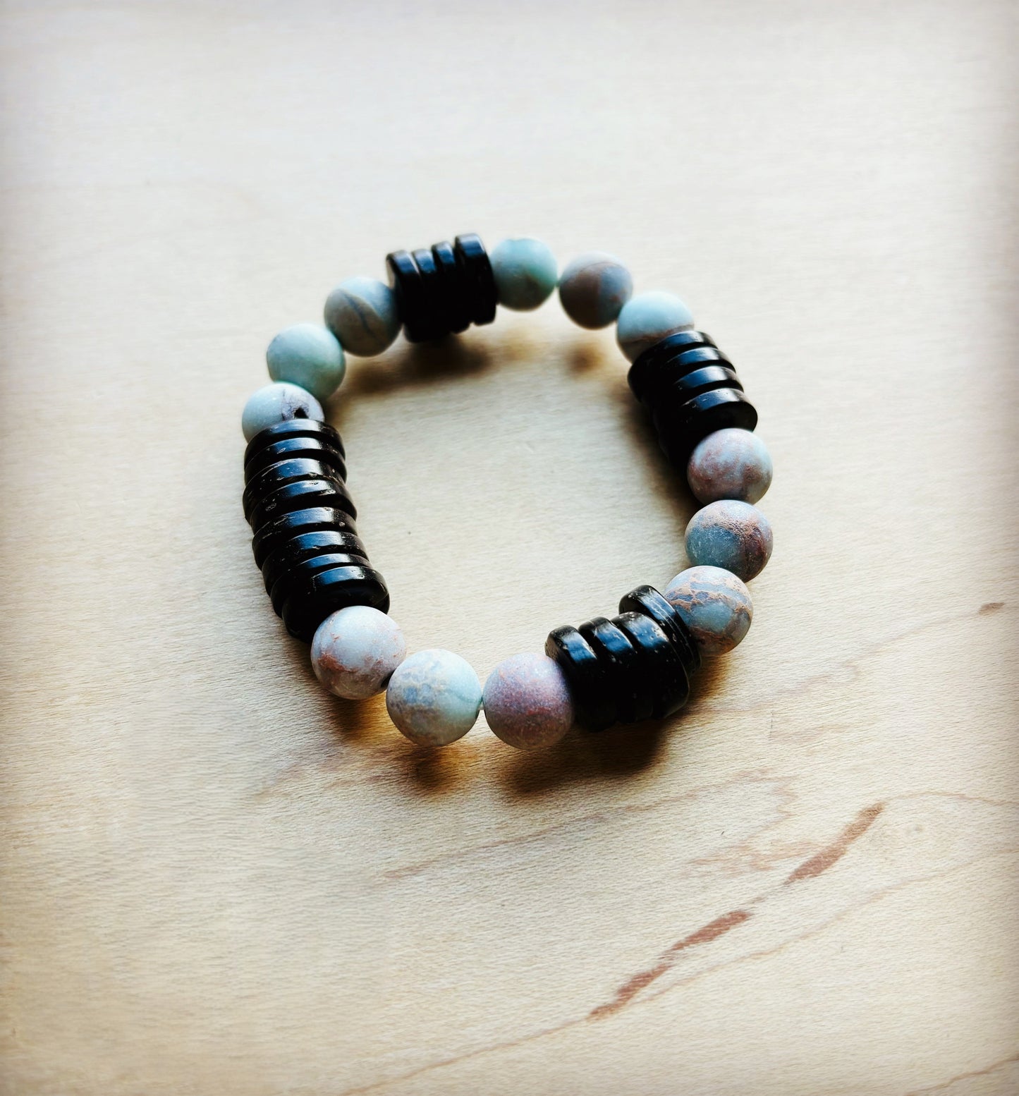 Frosted Aqua Terra and Wood Stretch Bracelet