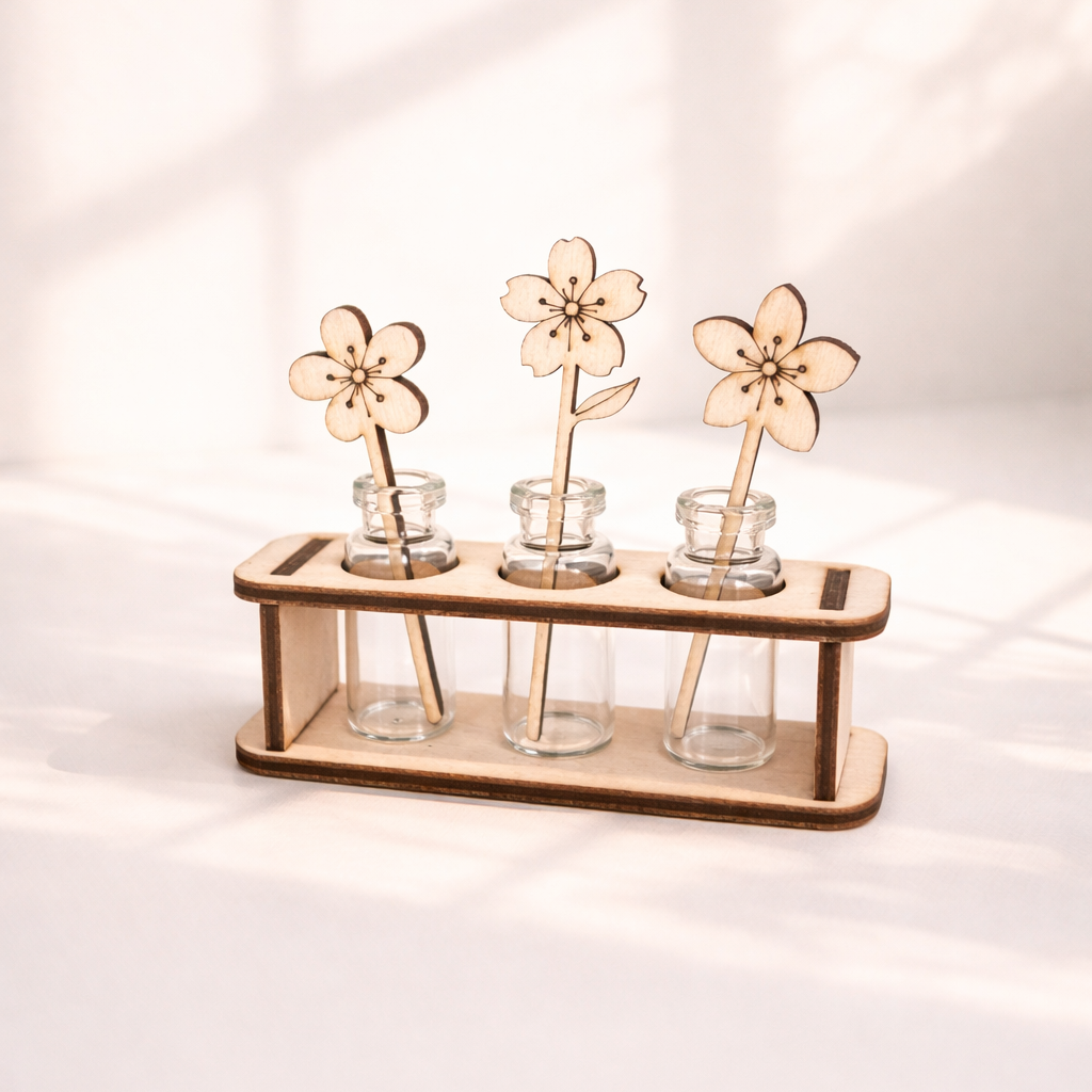 Wooden stand with three glass vials and floral decorations on a white background
