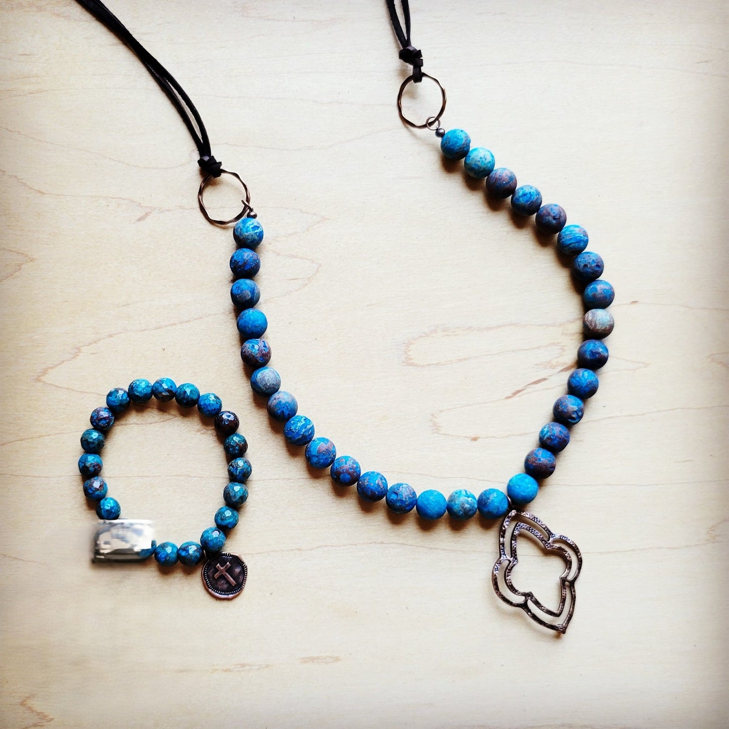 Frosted Chrysocolla Beaded Necklace w/ Copper Pendant