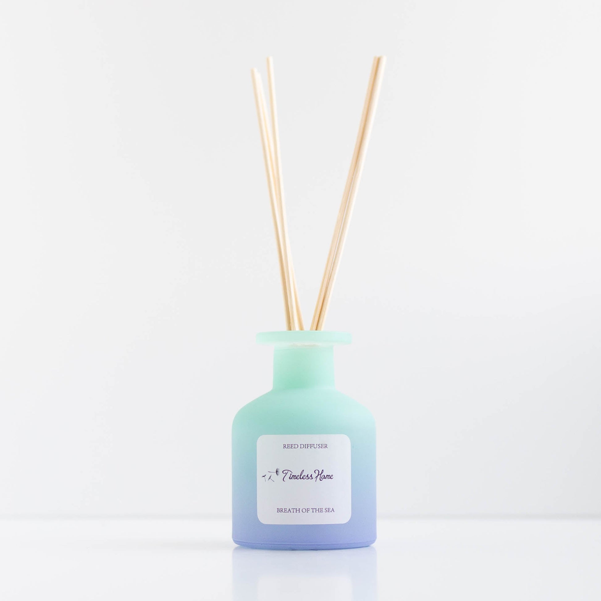 Diffuser with wooden sticks on a gradient blue bottle against a white background