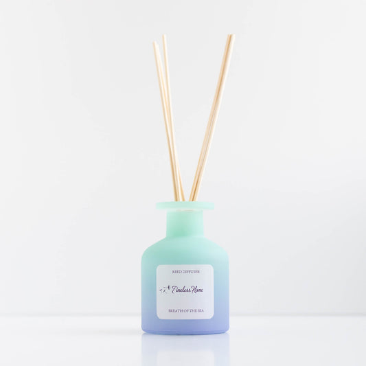 Diffuser with wooden sticks on a gradient blue bottle against a white background