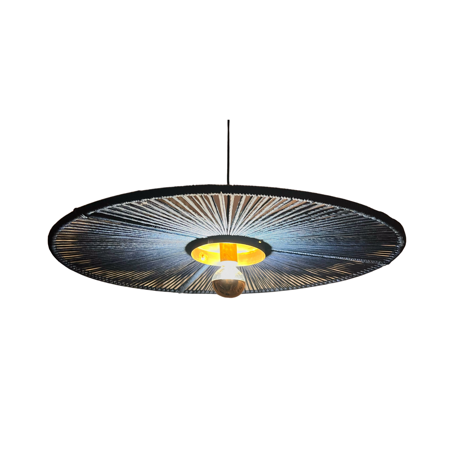 Decorative ceiling light fixture with a black and gold design on a white background