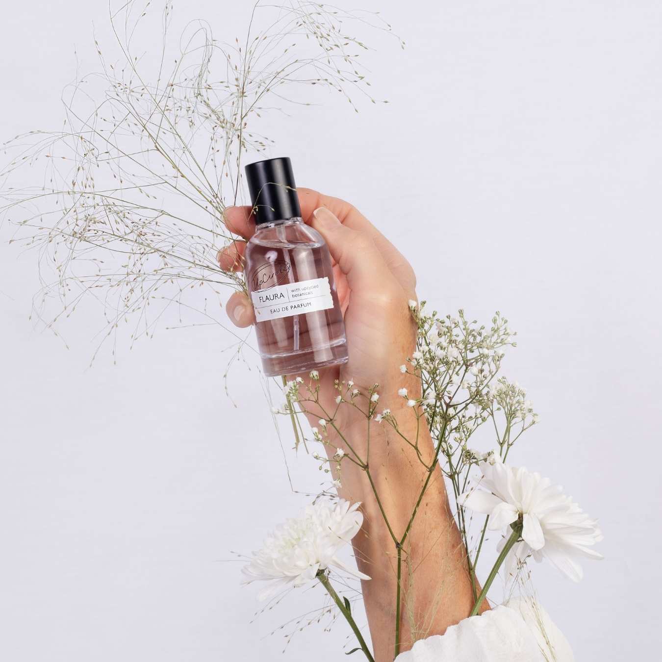 Hand holding a perfume bottle with flowers on a light background