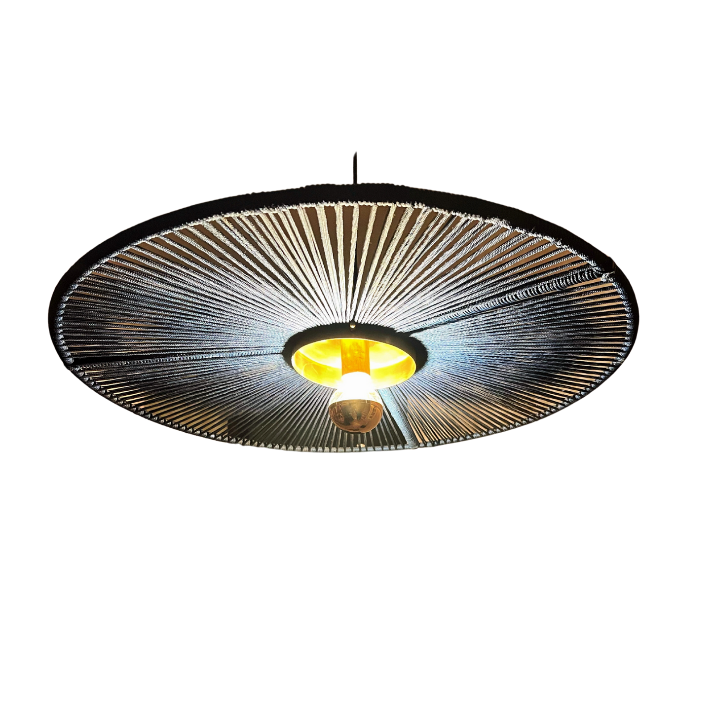 Decorative ceiling light fixture with a black and gold design on a white background