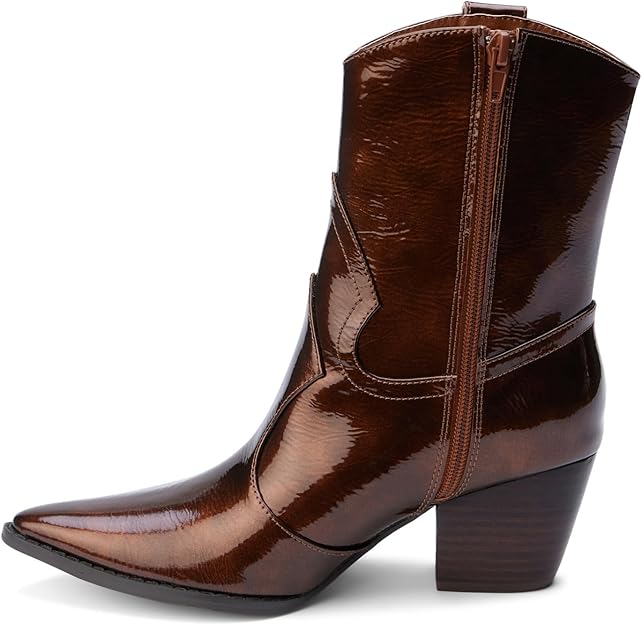 Brown patent leather cowboy boot on a white background
