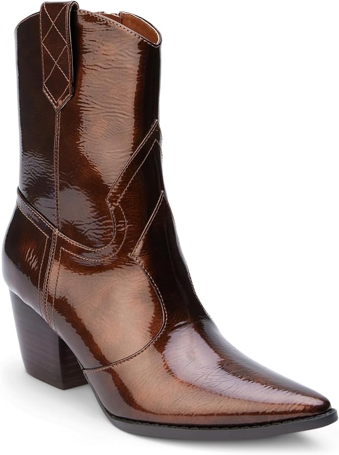 Brown patent leather cowboy boot on a white background