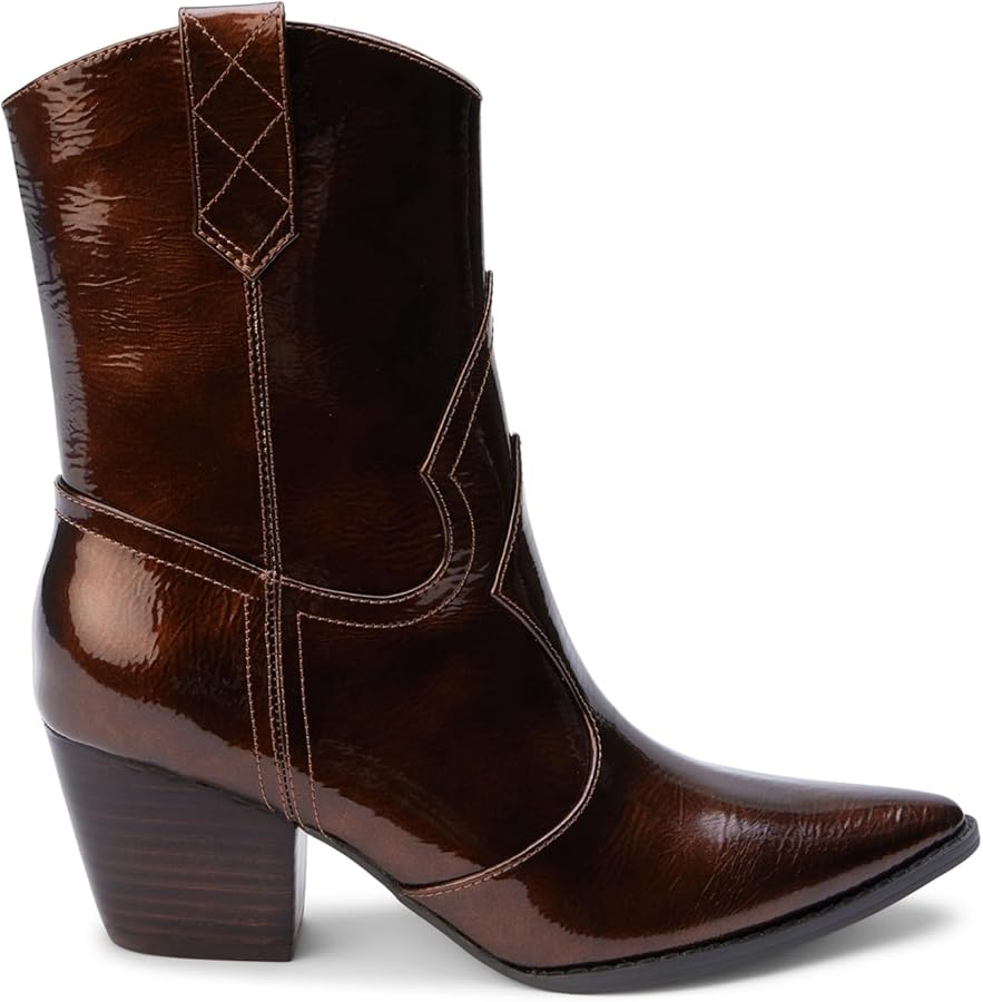 Brown leather boot with a block heel on a white background