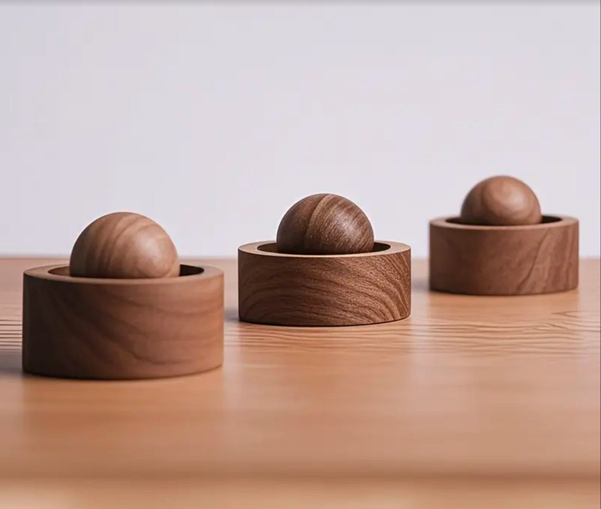 Three wooden containers with spherical objects on a light wood surface.