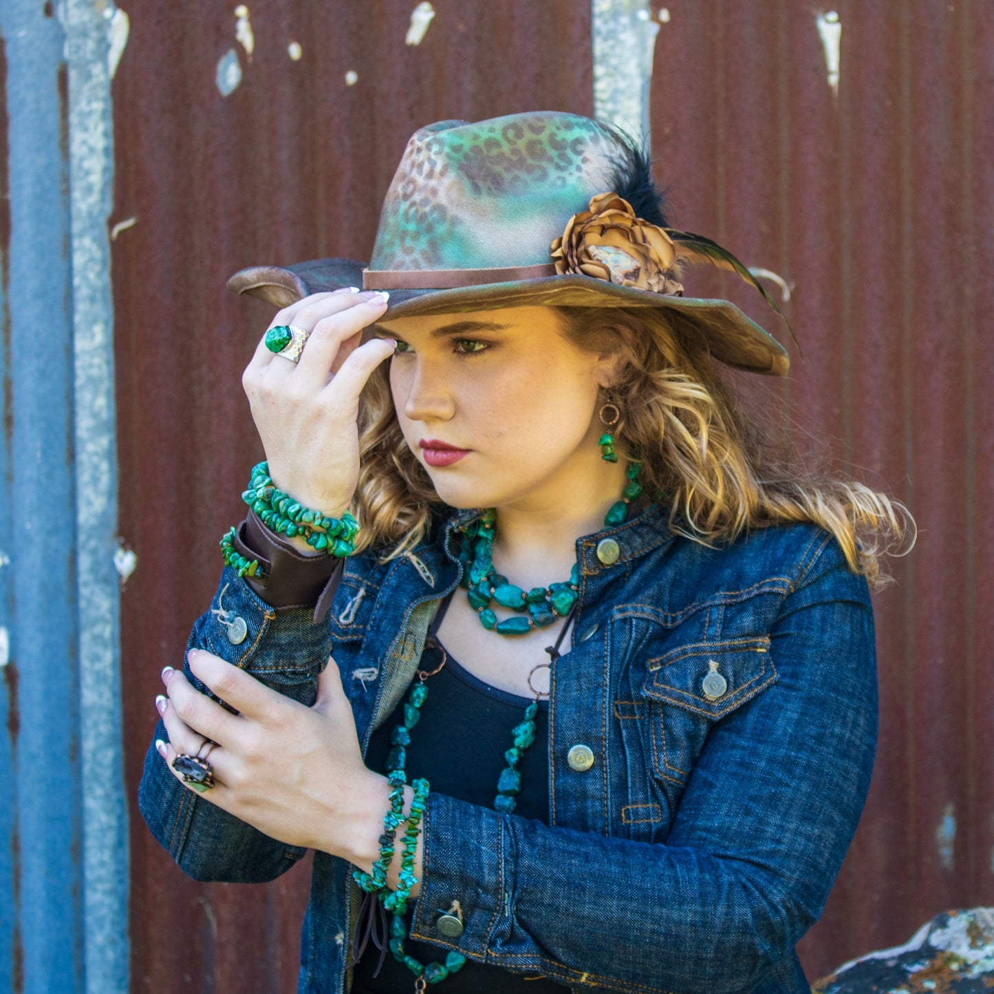 Wide Dark Leather Cuff with Natural Turquoise Chunks