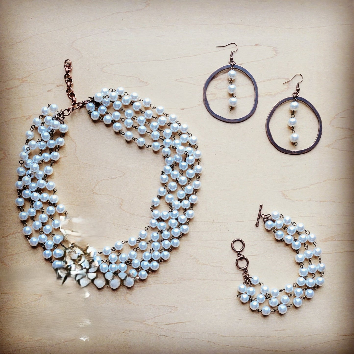 Western Copper Hoop Earrings w/ Glass Pearl Beads