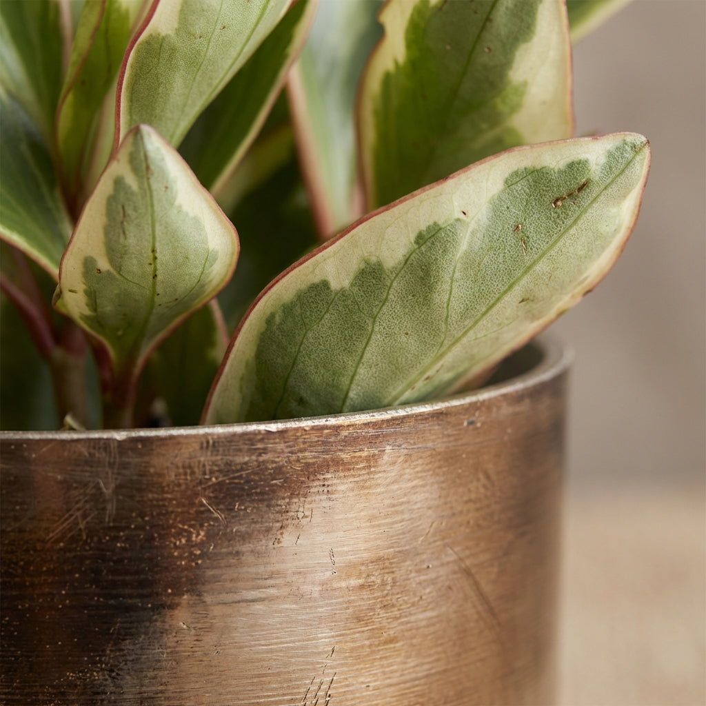 Variegated green leaves in a rustic metal pot on a blurred background