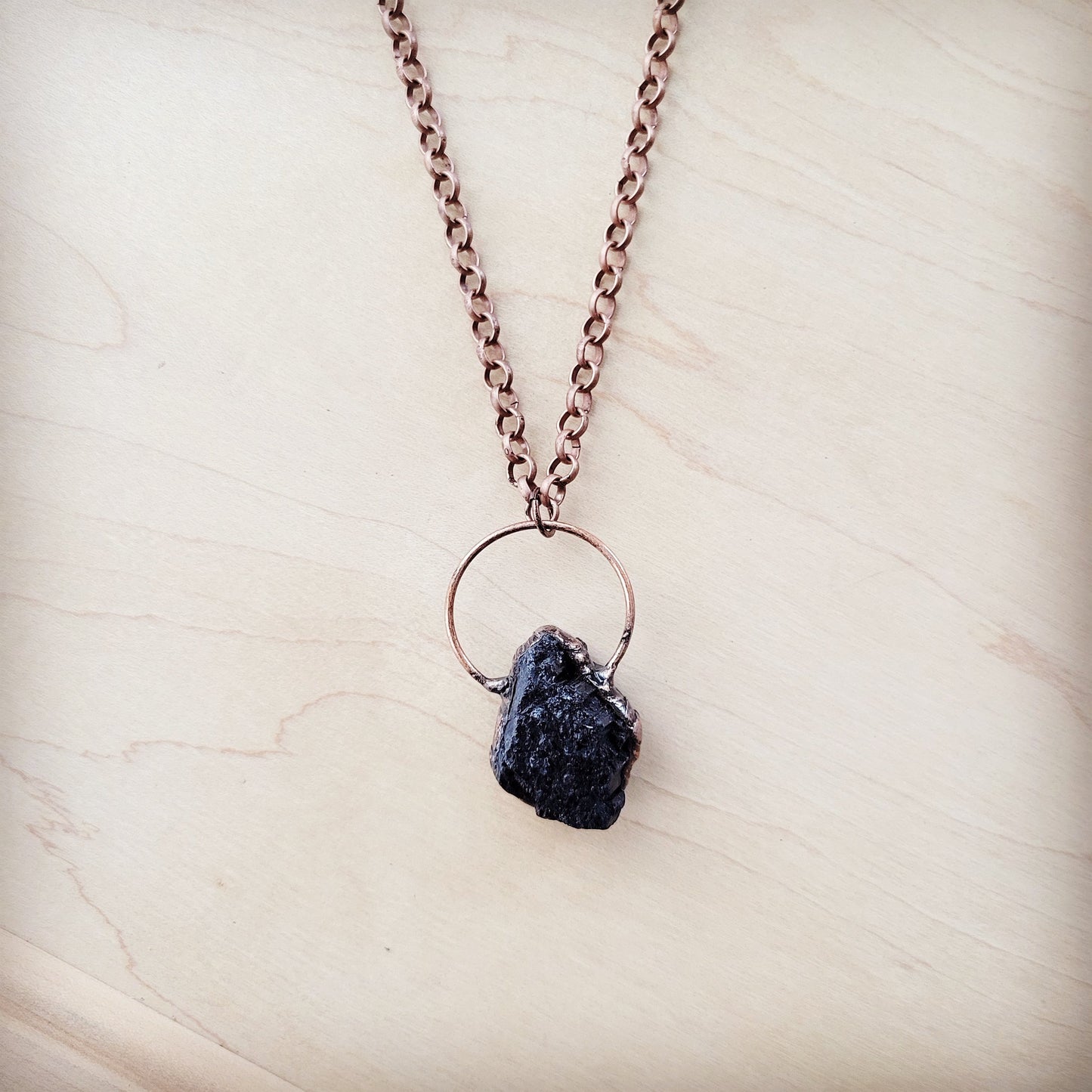 Long Copper Necklace with Black Agate Pendant