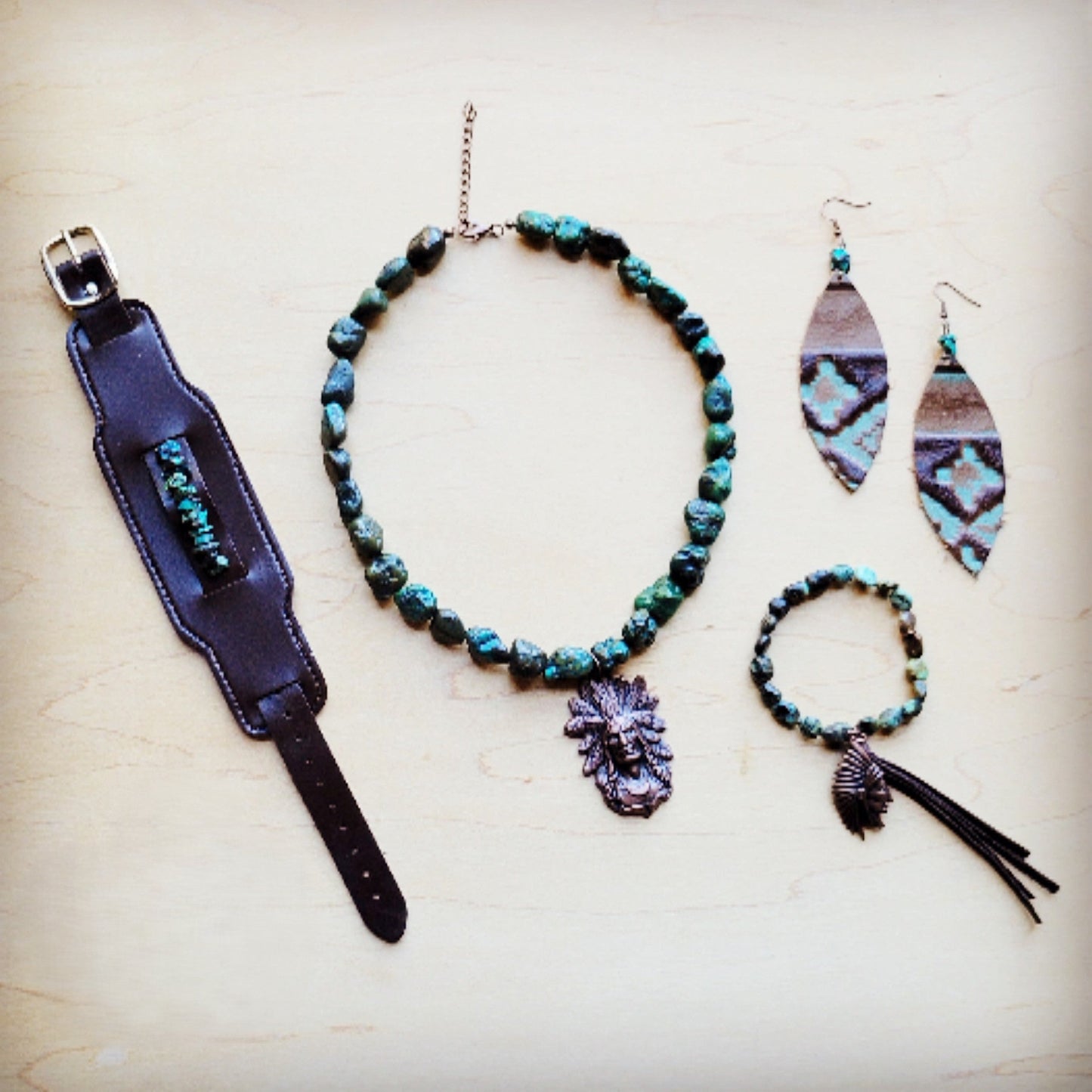 Wide Dark Leather Cuff with Natural Turquoise Chunks