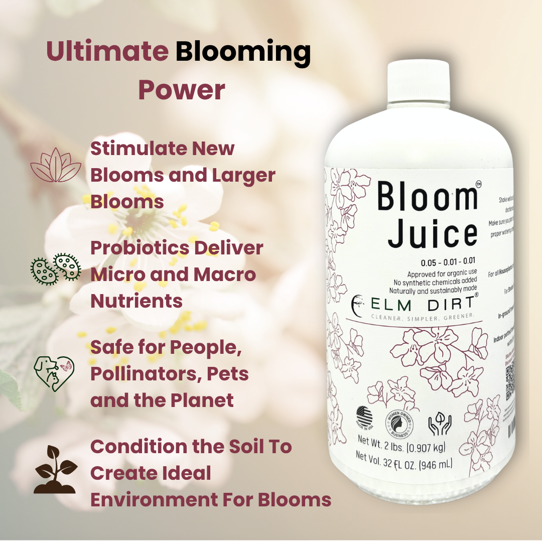 Bottle of Bloom Juice with text highlighting its benefits on a beige background