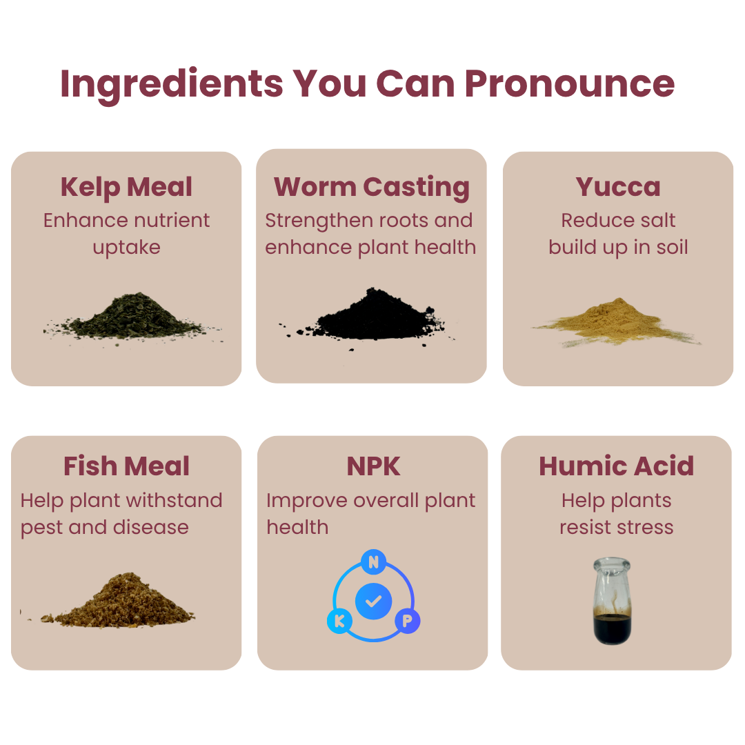 List of organic gardening ingredients with images and descriptions on a beige background