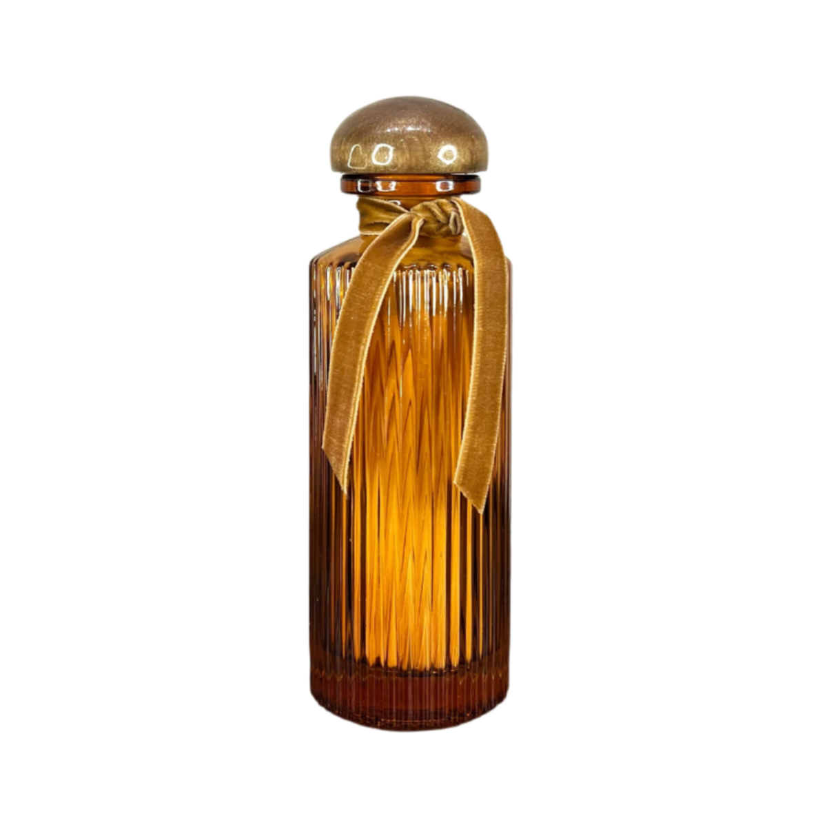 Decorative amber glass bottle with gold cap and ribbon on a white background