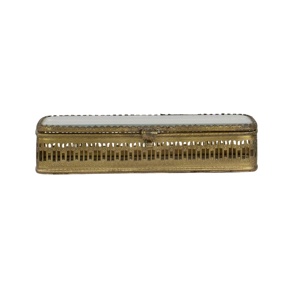 Gold rectangular box with a white interior on a white background