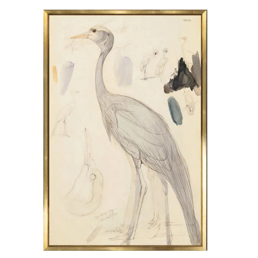 Framed artwork of a crane with other birds on a beige background
