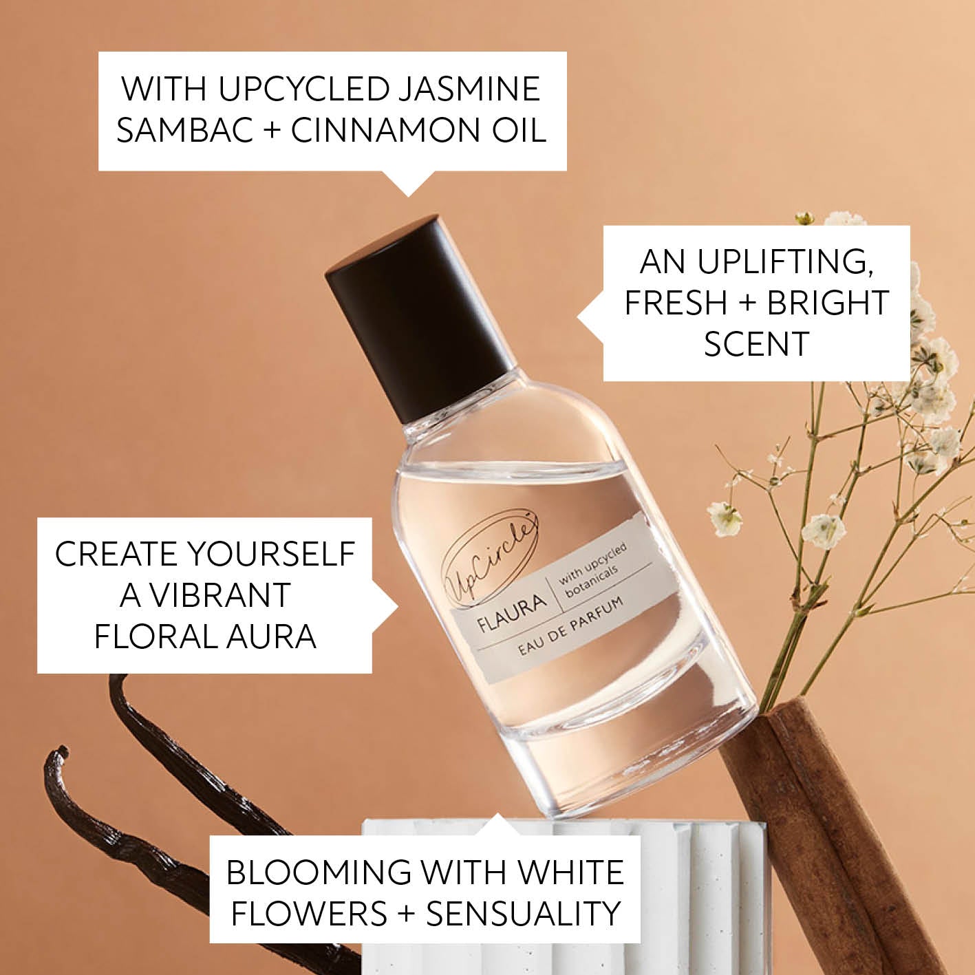 Perfume bottle with vanilla bean, white flowers, and text about scents on a beige background