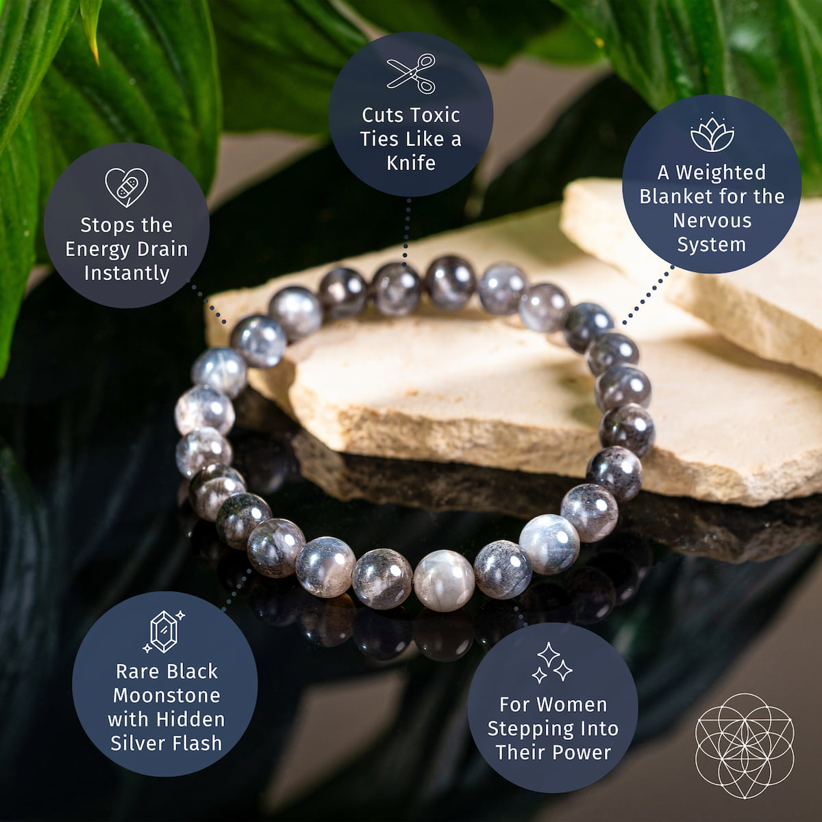 Pearl bracelet on a rock with surrounding greenery and feature text overlay.