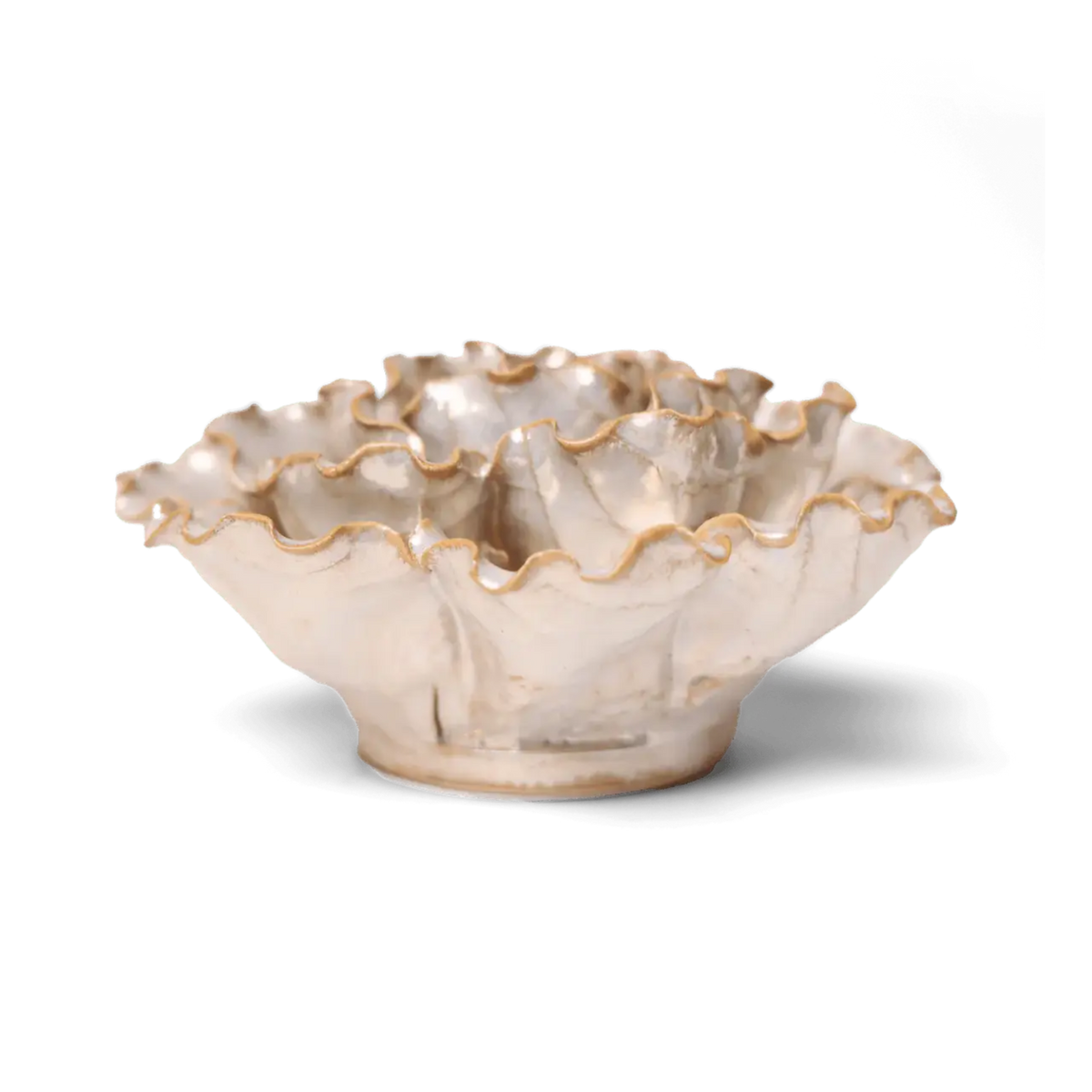 Ceramic bowl with ruffled edge on a white background