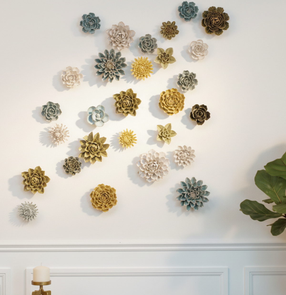 Decorative wall art with floral patterns on a white wall.