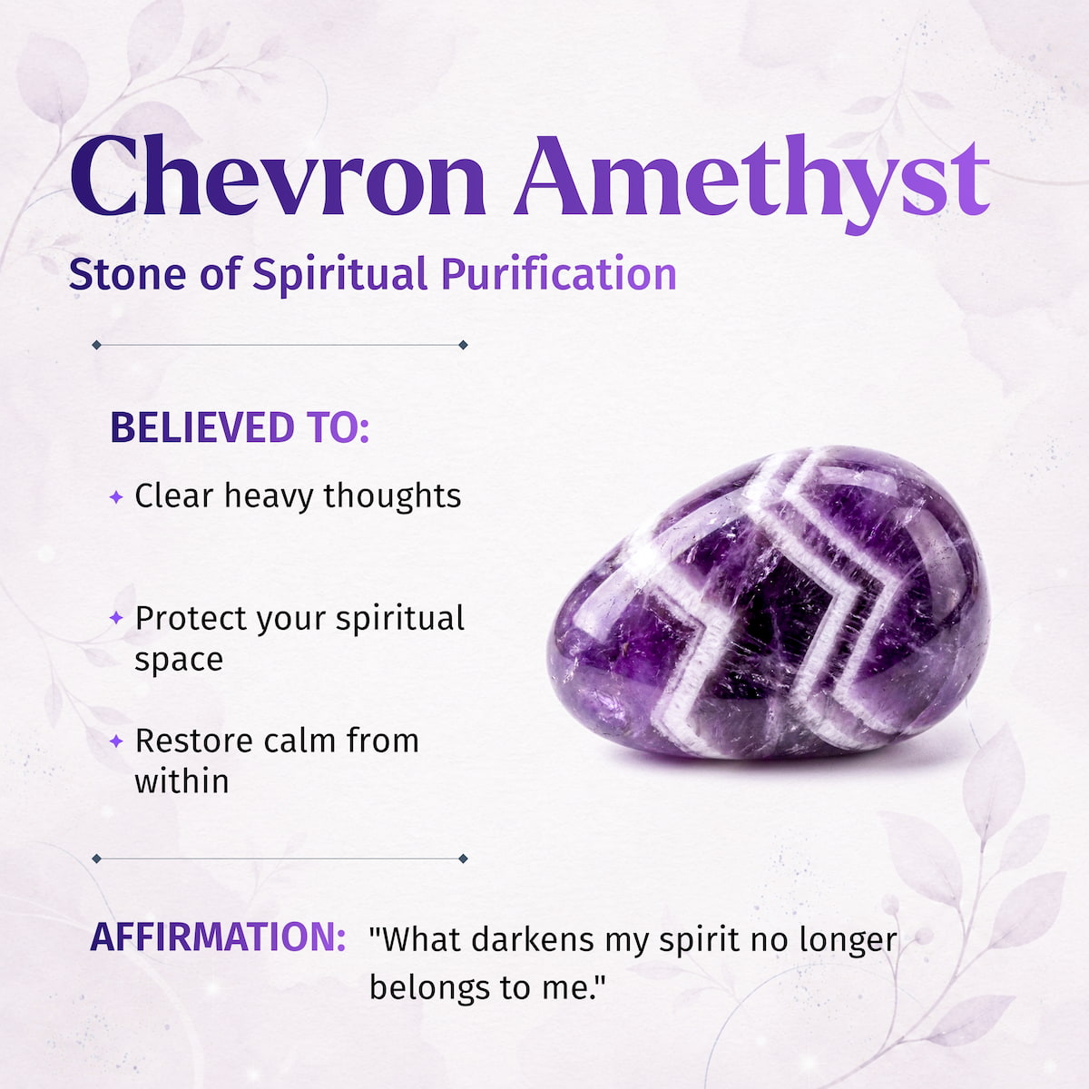 Chevron Amethyst crystal stone with purple and white banding, shown on a light lavender background with text describing it as the 'Stone of Spiritual Purification' and its believed properties.
