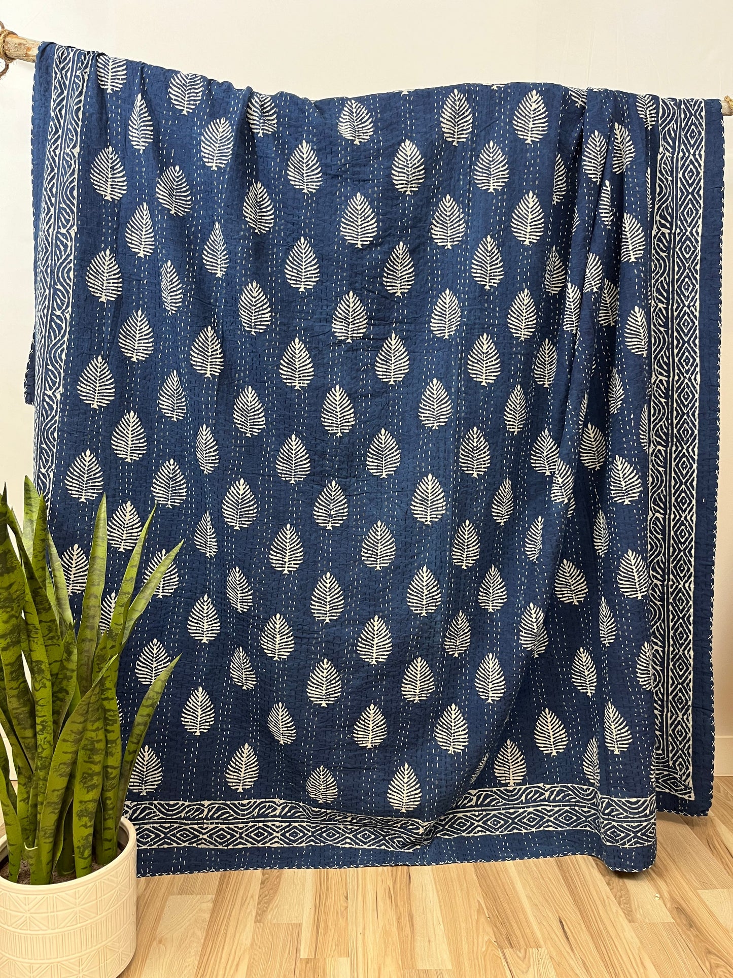 Kantha Love - Indigo Leaves Block Print Cotton Kantha Quilt