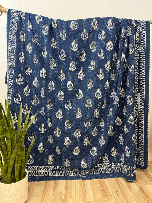 Kantha Love - Indigo Leaves Block Print Cotton Kantha Quilt