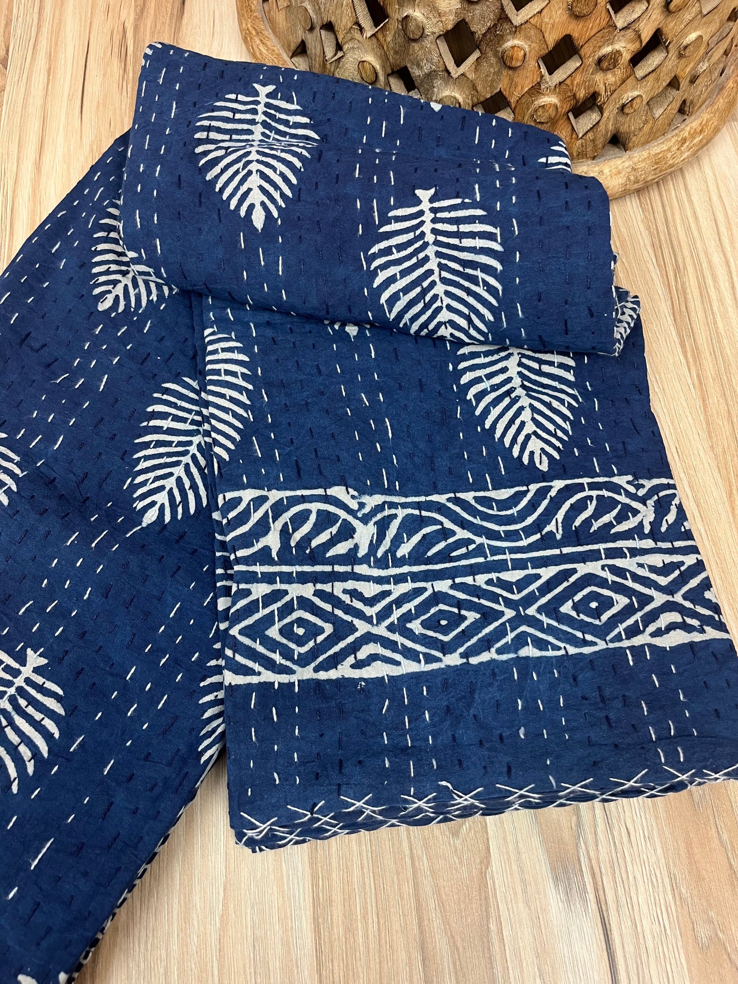 Kantha Love - Indigo Leaves Block Print Cotton Kantha Quilt