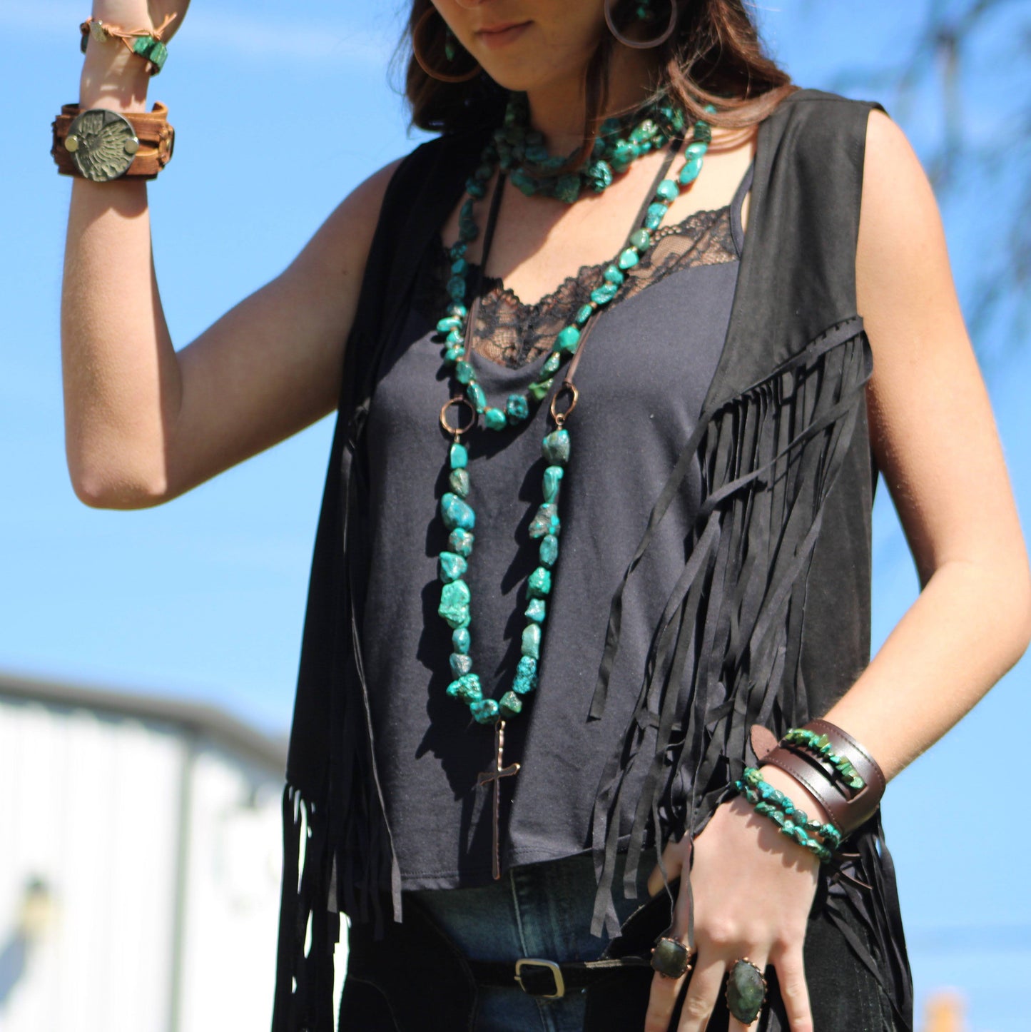 Wide Dark Leather Cuff with Natural Turquoise Chunks